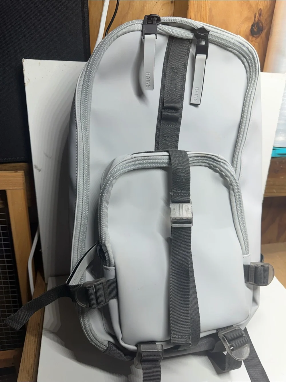 RAINS Waterproof Backpack Light Gray Removable Front Pouch Laptop Bag